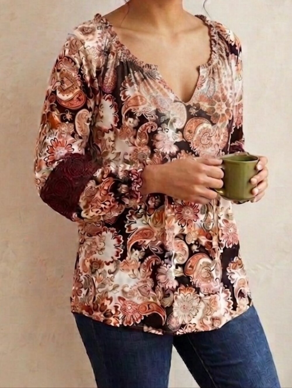 Cato Boho Paisley Peasant Top Maroon Crochet Detail Sz 18/20 Fall Cottagecore